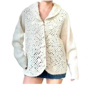COLDWATER CREEK Vintage Ivory Crochet Ribbed Wool Angora Cardigan Size L